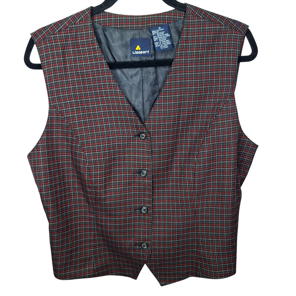 Vintage 90s Lizsport Vest Waistcoat Large XL 16 Plaid Steampunk Academia Grunge